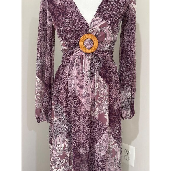 Jessica Simpson Dress Sz XS Boho Maxi Paisley Print Long Sleeve V-Neck Back Tie - Picture 2 of 16